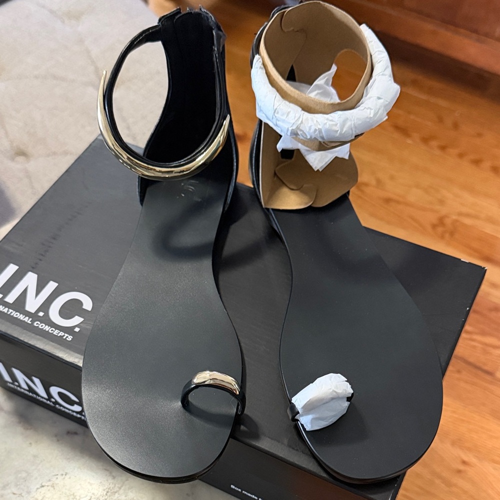 INC International Concepts Black Flat Ankle-Strap Sandals